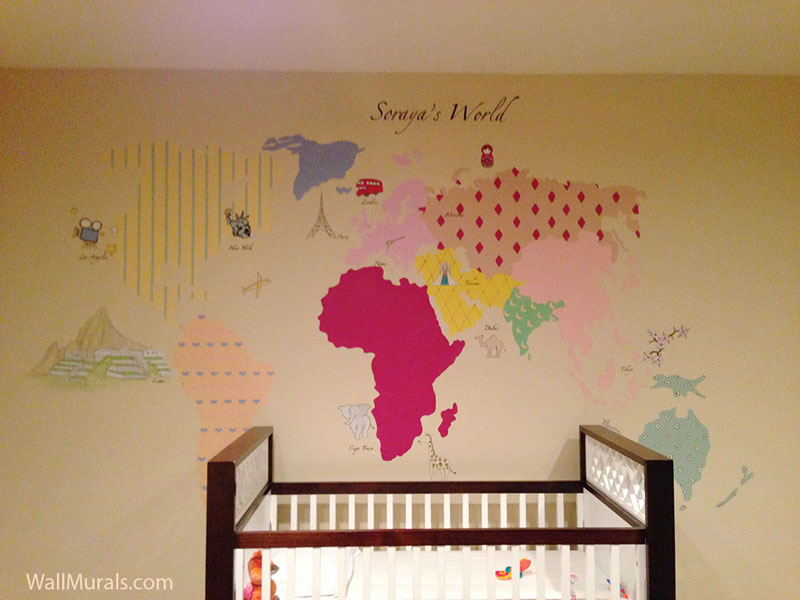 World map mural in baby nursery