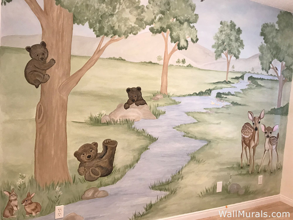Nature Wall Mural - Forest Scene with stream, 3 little bears, and deer.