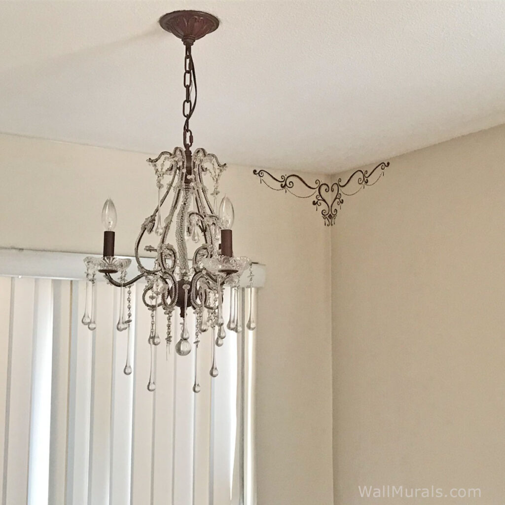 Corner design painted wall accent with heart, scroll and gems in Dining Room